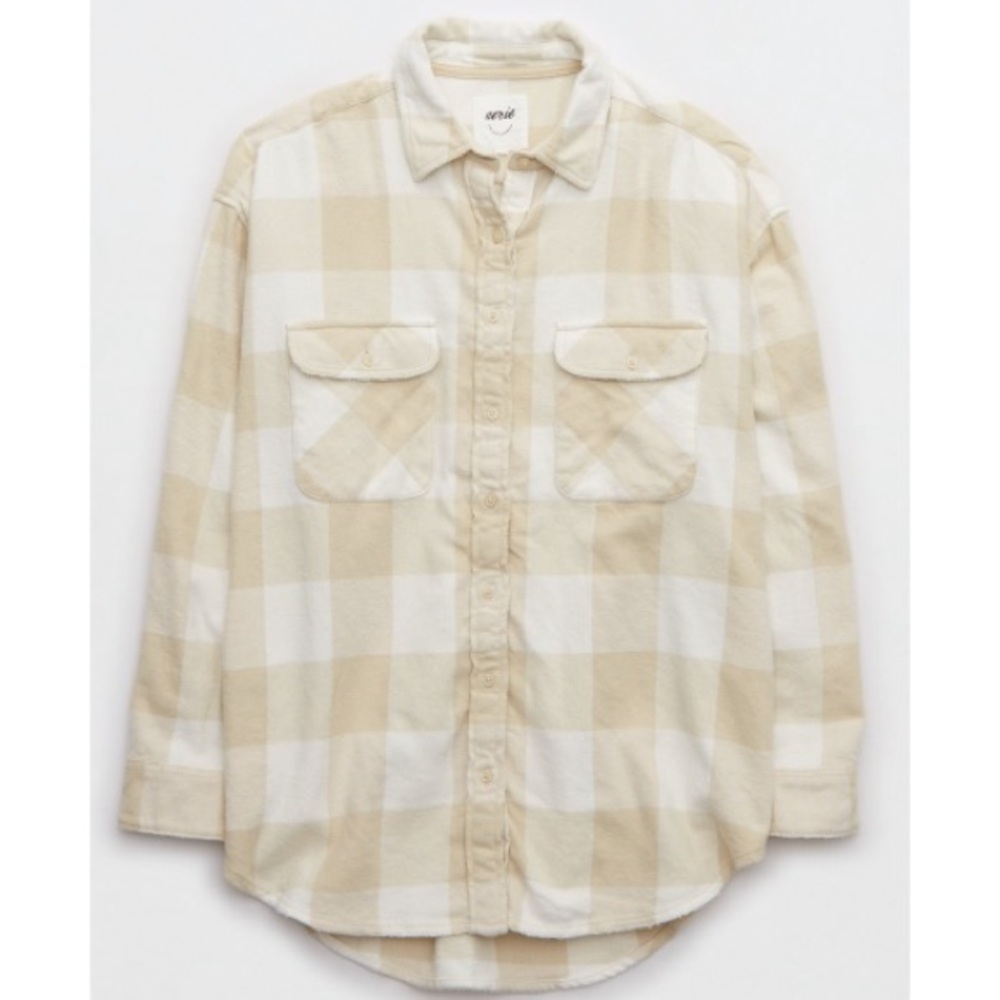 Aerie Oversized Beige Plaid Checked Button-Up Shirt